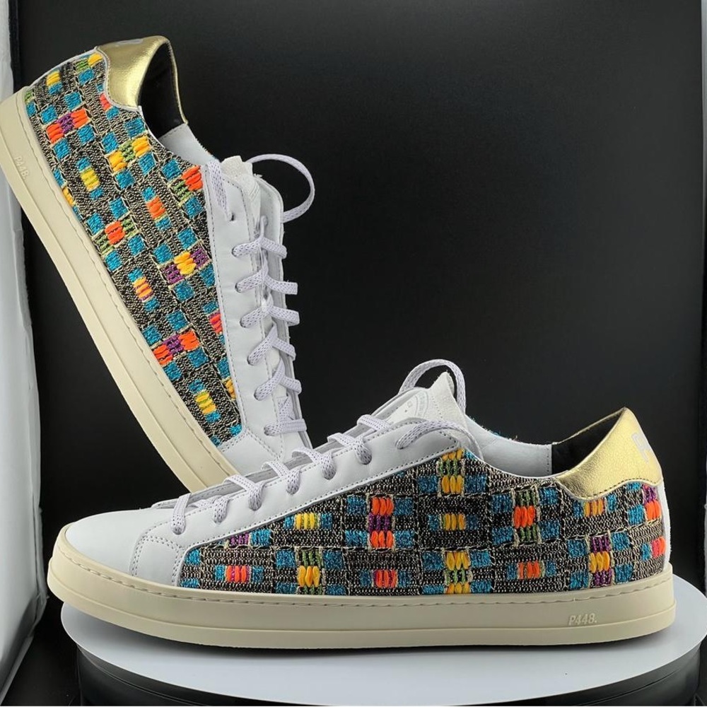 P448 Women’s John Pink Python-Printed Leather Low-Top Italian Sneakers. New
